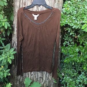 Aeropostale Brown V-Neck Long Sleeves Sheer Tee Beaded Neckline Viscose Size S